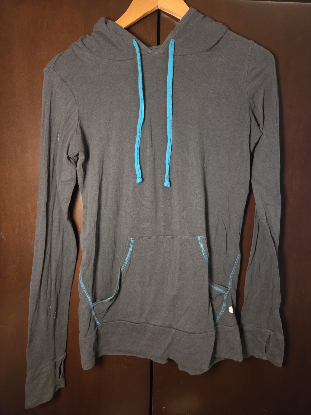 Gray Zip-Up Hoodie Sweater with Turquoise Accents Women Size Medium